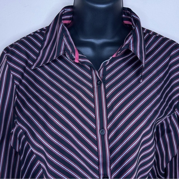 LARGE VINTAGE TANGENTS PINK BLACK STRIPED STRETCH BLOUSE BUTTON FRONT - Picture 6 of 10